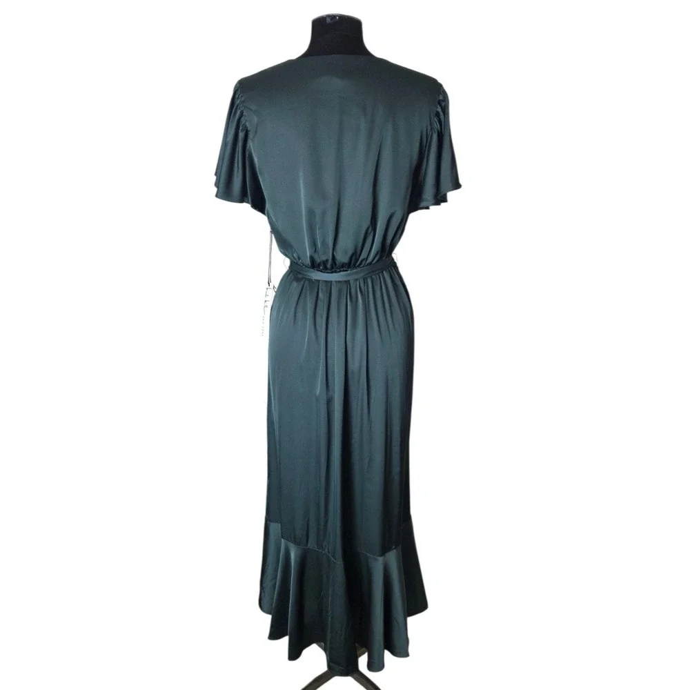 Nicole Miller Emerald Green Satin Wrap Dress Ruffled Hem Flutter Sleeve Size M/L - Picture 3 of 8